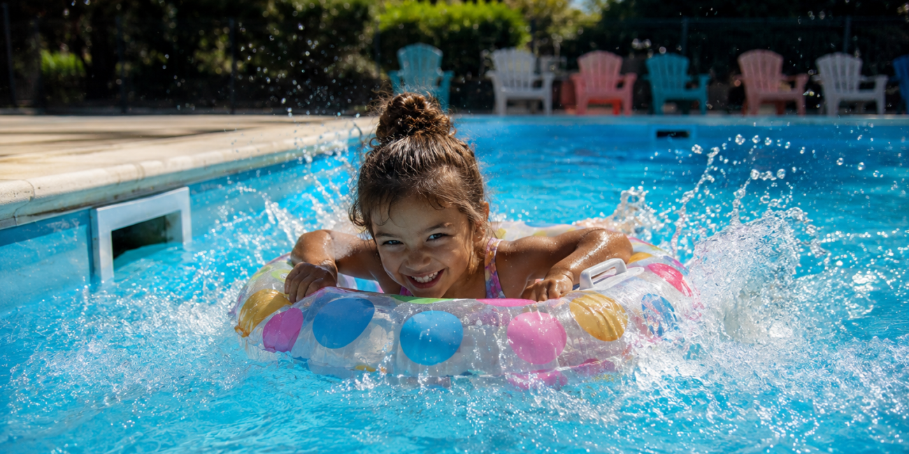 Filette qui joue dans la piscine chauffée du camping les Avenières