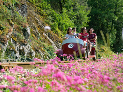 Famille dans un vélorail parmis les fleurs sauvages